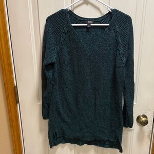 ANA Tunic Length V-Neck Sweater in Rich dark Green/Teal and Black size L